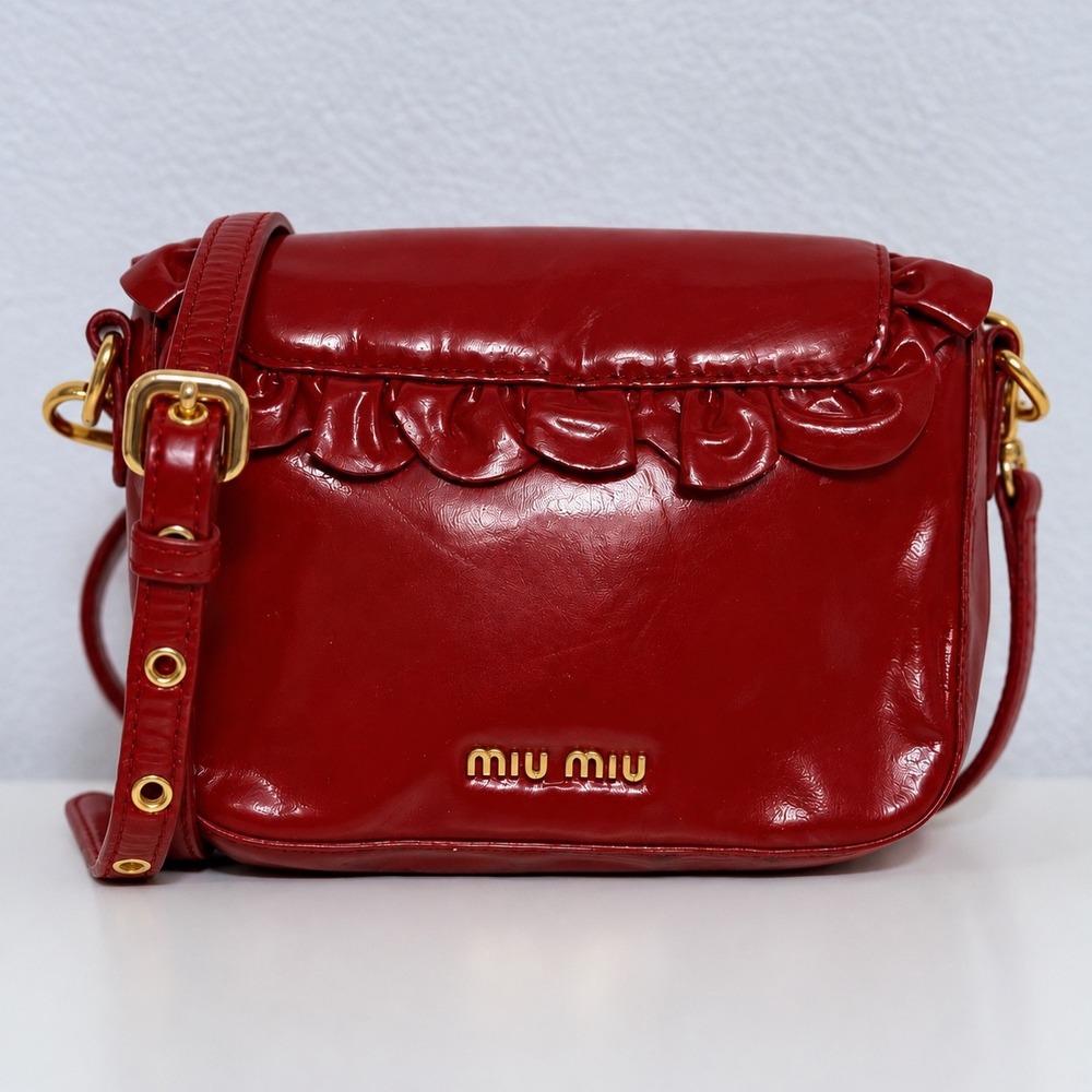 Vintage Miu Miu Crossbody Bag Red Patent Leather Ruffle Bow Coquette OS